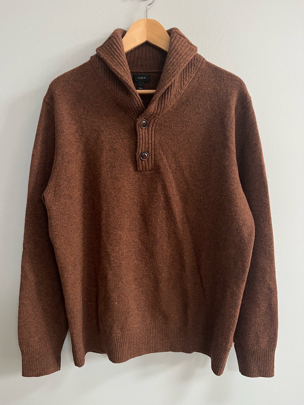 J. Crew Men's Lambswool Shawl Collar Sweater Size Large Layering Preppy Brown